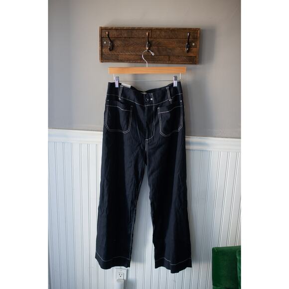 Anthropologie The Colette Contrast-Stitch Linen Crop Wide-Leg Pants by Maeve 29 - Picture 2 of 4